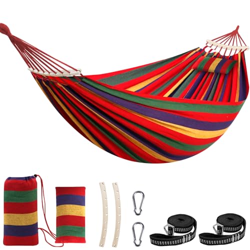 Chihee Cotton Hammock Holds Up to 660lbs Fabric Hammock 8.9x4.9ft Soft Portable Tree Hammocks Camping with Detachable Spreader Bar Pillow 2 Strong Webbings 2 Carabiners Indoor Outdoor Backyard Garden - color: Red Stripes, size: 270x150cm