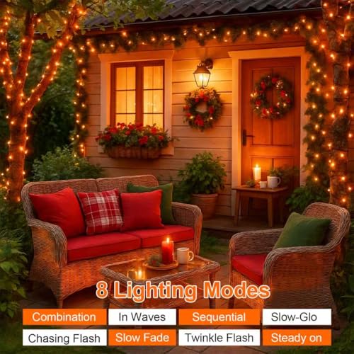 QITONG 4 Pack Solar Fairy Lights, Each 33ft 100 LED Orange Christmas String Light Outdoor Waterproof, 8 Modes Silver Wire Twinkle Mini Lights - color: Orange, size: 4Pack*100LED