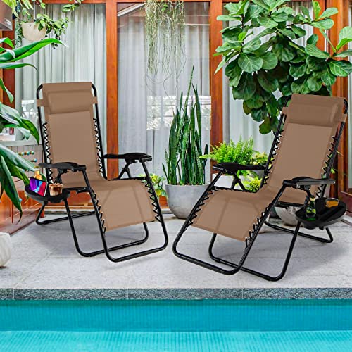 Goplus Zero Gravity Lounge Chairs, 160°Adjustable Folding Recliner w/Pillow and Cup Holder, 350LBS Comfy Outdoor Lounge Chairs for Patio, Lawn, Yard & Camp(Set of 2, Beige) - color: Beige, size: 35.4" x 25.2" x 43.3" (Set of 2)