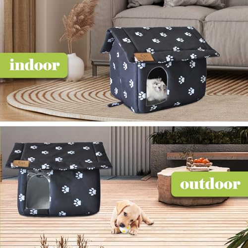 Cat House for Outdoor,Weatherproof Warm Feral Cats Shelter Outside/Indoor Collapsible Insulated Pet Houses Foldable Stray Cat Tent Cave for Kitty Puppy Small Animals Four Season(Black)