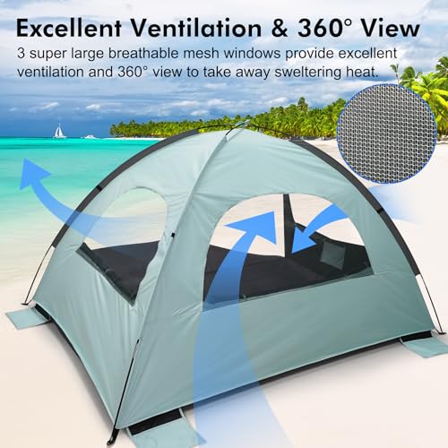 WhiteFang Beach Tent Anti-UV Portable Sun Shade Shelter for 3/4/6/8 Person, Extendable Floor with 3 Ventilating Mesh Windows Plus Carrying Bag, Stakes and Guy Lines - color: Blackout Shelter-Mint Green, size: 3 Person