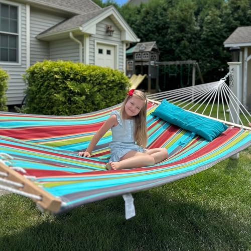 Lazy Daze Hammocks 12 FT Quilted Fabric Double Hammock with Spreader Bars and Detachable Pillow, 450lbs Weight Capacity - color: Blue&red Stripes