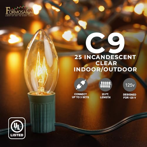 C9 26ft Indoor/Outdoor Clear Incandescent Christmas String Lights with 25 Bulbs and E17 Base | 120V, 7W - style: Clear Incandescent