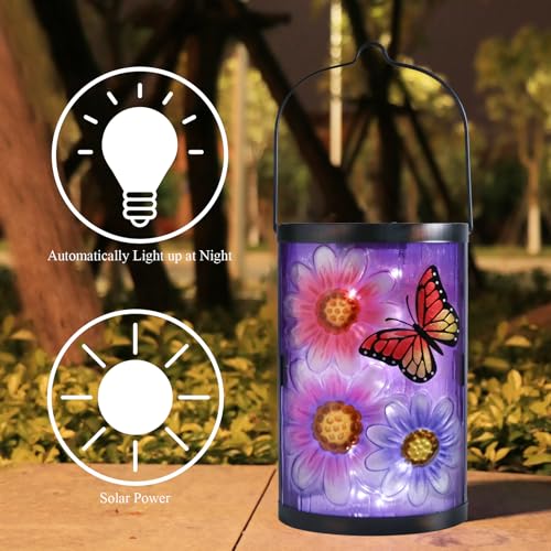 Hanging Solar Lantern Outdoor Waterproof Flowers Butterfly Solar Lights Glass Tabletop Decorative Lamp for Outdoor Patio Garden Outside Yard Decor - style: Flower and Butterfly