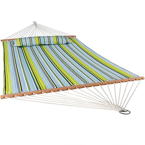Sunnydaze Quilted Double Hammock for Outside with Spreader Bars and Pillow - 450 lb Capacity, 74x55 Inch Bed, UV Resistant, Quick Dry - Chains Included, Stand Sold Separately - Blue & Green - color: Blue and Green