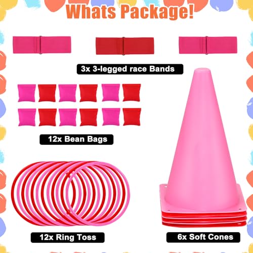 33Pcs Large 4 in 1 Valentines Day Games for Kids with Ring Toss, Plastic Cones, Bean Bags, 3-Legged Race Bands, Carnival Valentine's Games Activity Combo Set for Classroom Indoor Outdoor Party Yard - color: Valentine's Pink-Large