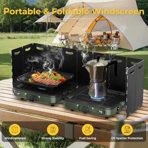 Camping Stove, 2 Burner Propane Stove With Grill,17,000 BTU Camp Stove, Foldable Camping Stove Propane Includes Carry Bag,Windscreen & Grill,Adjustable Burners & Piezo Ignition for Tailgating,BBQ,Camp - color: Green