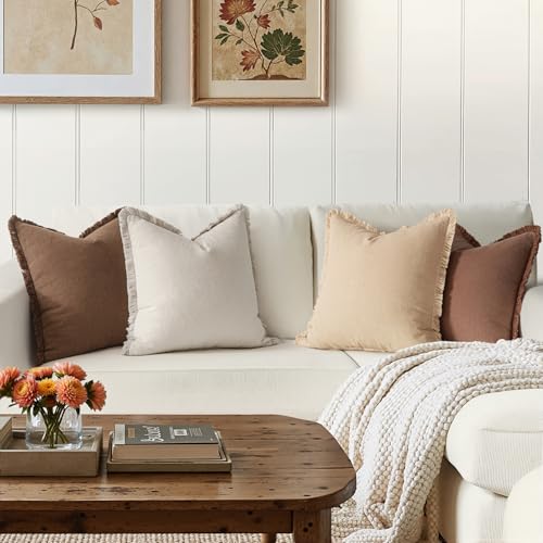 MIULEE Decorative Couch Pillow Covers Neutral Linen Fringe Throw Pillows Set of 4 Accent Rustic Cushions Boho Farmhouse Pillowcases for Bed Sofa Living Room Spring Home Decor 20x20 Inch Beige/Brown - color: Brown, size: 20" x 20" (Pack of 4)