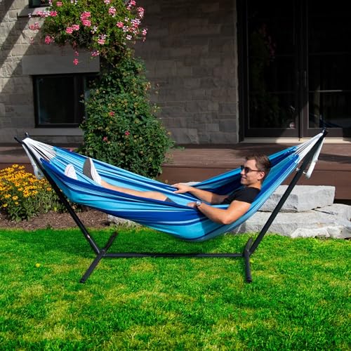 Vivere Double Cotton Hammock with Space Saving Steel Stand, Upgraded Polyester End Strings 450 lb Capacity - Premium Carry Bag Included - USA Grown Cotton (Island Breeze) - color: Island Breeze