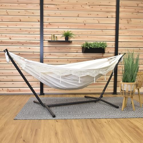 Vivere Double Cotton Hammock with Space Saving Steel Stand, Upgraded Polyester End Strings 450 lb Capacity - Premium Carry Bag Included - USA Grown Cotton (Natural) - color: Natural