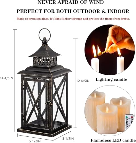 Lantern Decorative Indoor & Outdoor, 2 Pack Large Hanging Candle Lanterns Home Decor, Vintage Metal Candle Holders for Front Porch Patio Wedding Party, Halloween Christmas Decorations (Black) - color: Black / 14.8'' / 2 Pcs
