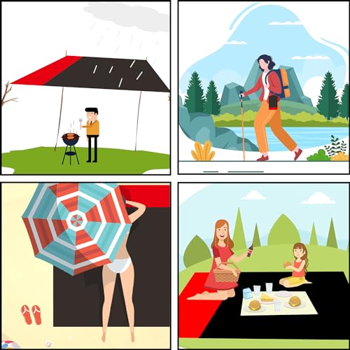 Outdoor Pocket Blanket Extra Large Beach Blanket Sandproof 82″x 78″for 4-6 Adults Compact Foldable Quick Drying Lightweight Picnic Blankets Waterproof with 4 Stakes & Bag (Black+Red) - color: Black+red