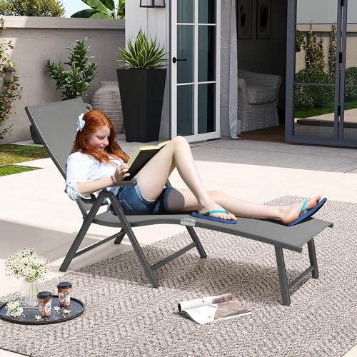 Crestlive Products Folding Patio Chaise Lounge Chair Outdoor, Aluminum Adjustable Outdoor Pool Recliner Chair, Assemble-Free, 8 Positions - color: Grey, size: 1 Pcs