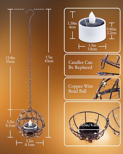 Homemory Solar Tea Lights Outdoor Waterproof Hanging Lanterns, Beaded Copper Wire Ball Holders with Solar Powered Tea Lights Candles, Ideal for Patio, Garden, Backyard, Pergola, Tree, Fence, 4-Pack - color: 4-Pack, Hanging Lanterns Solar Tealights