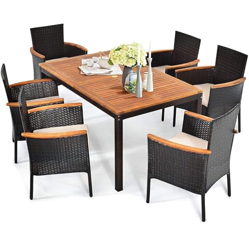 HAPPYGRILL 7-Piece Rattan Patio Dining Set Outdoor Wicker Dining Set with Umbrella Hole, Removable Cushions, Table & Chairs Set with Acacia Wood Table Top - color: Brown & Tabletop B