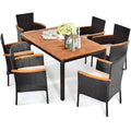 HAPPYGRILL 7-Piece Rattan Patio Dining Set Outdoor Wicker Dining Set with Umbrella Hole, Removable Cushions, Table & Chairs Set with Acacia Wood Table Top - color: Brown & Tabletop B
