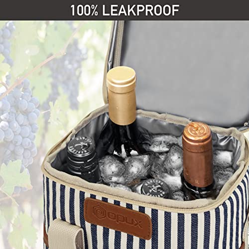Opux 4 Bottle Insulated Wine Cooler Bag - Portable, Leakproof Padded Carrier for Travel, Picnic, BYOB - Navy White Stripe - color: Stripe Navy, size: 4 Bottle
