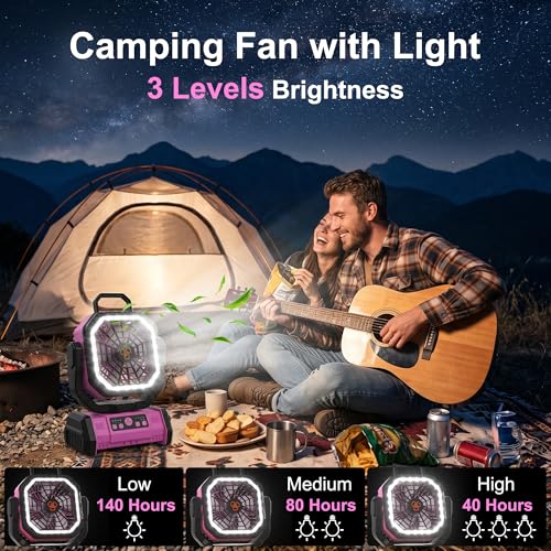 Honesorn Portable Fan Rechargeable 20000mAh, Camping Fan with LED Light & Remote, USB C Cordless Battery Powered, 4 Speeds Timer Hanging Hook for Travel Tent Outdoor Essentials - Pink - color: Pink