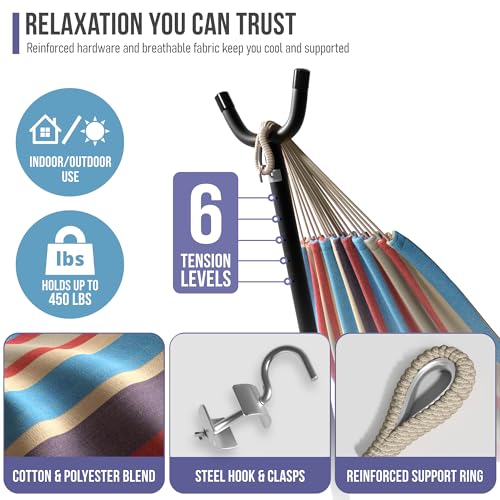 Sorbus 2-Person Luxury Hammock with Steel Stand- Premium Cotton Blend 60" Large Bed- Heavy Duty 450lbs Portable w/Carrying Case - for Garden Yard Patio Outdoor Camping Gifts- Washable - color: Blue/Sand/Purple/Red