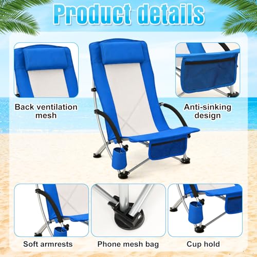 Colingmill 4 Pcs Low Beach Chair with Umbrella Camping Chair Backpack Folding Recliner Mesh Back with Headrest Cup Holder Carry Bag for Summer Tent Picnics Outdoor Travel Barbecues (Ocean Blue) - color: Ocean Blue