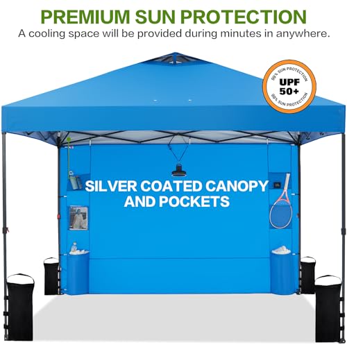 Tunbne 10'x10' Pop Up Canopy Tent with 1 Sidewall and 6 Pockets, One Push Setup, Instant Shade Tent with Vented Roof for Beach Patio Outdoor, Case, 8 Stakes, 4 Ropes, 4 Sandbags (Blue, 10x10) - color: Blue, size: 10x10