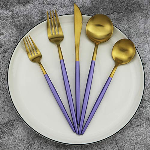 5-Piece Matte Gold Silverware Set, 18/10 Stainless Steel Satin Finish Flatware, Kitchen Utensil Set, Dishwasher Safe - color: Purple Handle Gold, size: Service for 1