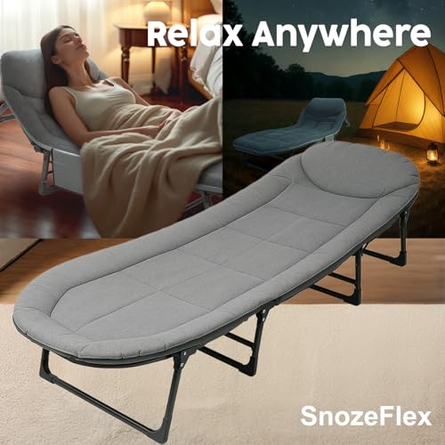 SnozeFlex Chaise Lounge Chair, Folding Cot, 6-Angle Adjustable Camping Cot with Mattress for Patio and Beach, Foldable Bed Portable Heavy Duty Lay Flat Reclining with Pillow (Grey, XL - 80")