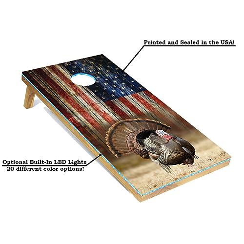 Tailgating Pros Cornhole Board Set w/Bean Bags and Carrying Case - 4'x2' Corn Hole Toss - Tournament and Lightweight Options - Optional LED Lights - color: Turkey/American Flag, size: 4'x2' Boards