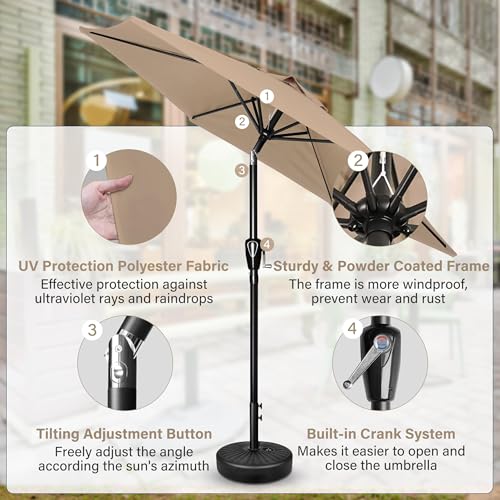 Simple Deluxe 9' Patio Umbrella Outdoor Table Market Yard Umbrella with Push Button Tilt/Crank - color: Tan, size: 7.5ft