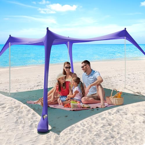 Beach Tent - 10 x 10 FT Beach Canopy, Outdoor Beach Shade Canopy for Beach Camping Picnics, Portable Beach Tent Sun Shelter UPF50 with 4 Sandbags, Ground Pegs,Anti-Wind Ropes, and Stability Poles - style: Royal Blue-10*10 FT 4 Pole