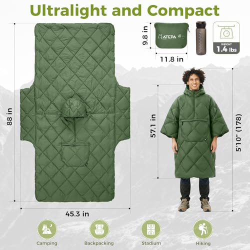 ATEPA Wearable Sleeping Bag, Recycled Water-Resistant Camping Blanket Poncho, Ultralight Packable Stadium Blanket for Outdoor - color: Green