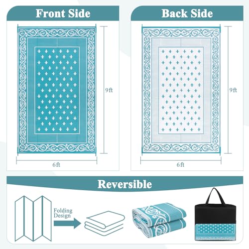 Pauwer Waterproof Outdoor Rug 6x9, Reversible Plastic Straw Patio Camping Rug, Indoor Outdoor RV Mat Carpet for Deck, Camper, Porch, Balcony, Backyard, Picnic, Bordered Teal - color: Bordered Teal, size: 6' x 9' (Rectangular)
