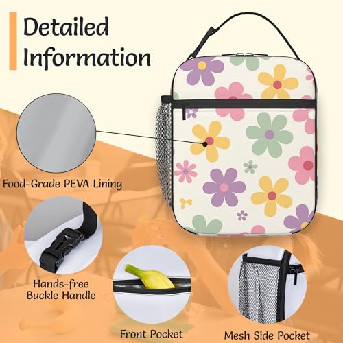 70s Groovy Flowers Lunch Box for Men,Colorful Floral Lightweight Reusable Lunch Bag for Girls Boys,Portable Insulated Small Cooler Bag for Picnic,Travel,School,Office - color: 70s Groovy Flowers