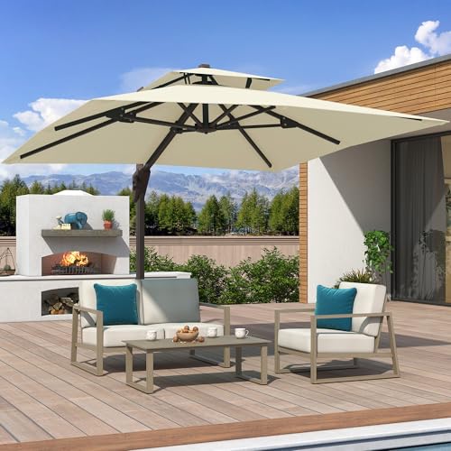 10x10 FT Cantilever Patio Umbrella Double Top Outdoor Square Large Heavy Duty Aluminum Offset Umbrellas with 7 Level Tilt 360-degree Rotation for Pool Garden Deck, Beige - color: Beige, size: 10' X 10' - Umbrella Only