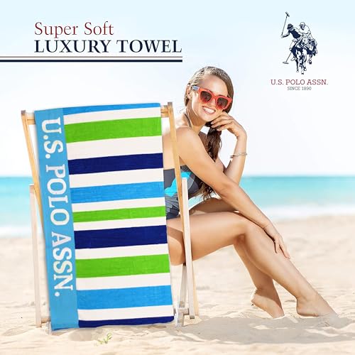 U.S. Polo Assn. Oversized (40” x 70”) Striped Nautical Design Beach Towel - Luxury Plush Cotton Hotel Quality for Bath, Pool - Lanai Stripe - color: Green/Blue -Lanai Double Jacquard, size: 40" x 70"
