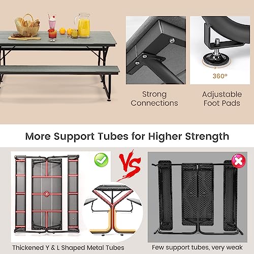 Giantex 6 FT Outdoor Picnic Table Bench Set for 6-8 People, 2400 LBS Capacity Patio Dining Table & 2 Benches with Metal Frame & HDPE, Balcony Conversation Set for Poolside Deck Garden (Gray) - color: Grey