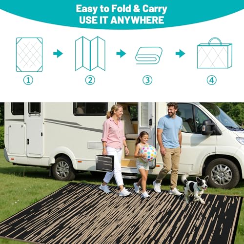 HEBE Outdoor Rug 8'x10' for Patios Clearance, Waterproof Reversible Plastic Straw Rug Camping Mat, Indoor Outdoor Area Rugs Carpet for Deck, Porch, RV, Picnic, Balcony - color: Stripe/Black, size: 8' x 10' (Rectangular)