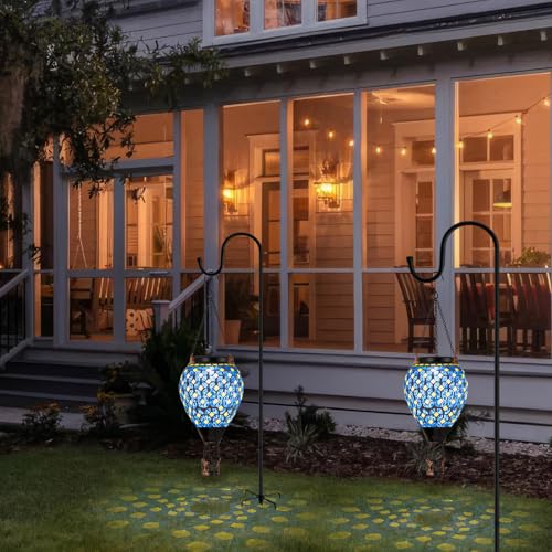 Mosaic Hot Air Balloon Solar Lantern with Flickering Flame, Blue Mosaic Hanging Solar Lantern Lights Outdoor Waterproof for Garden Patio Gifts for Women Mom Grandma - color: A_Mosaic Blue