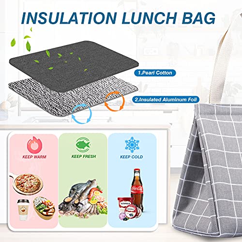 iknoe Insulated Lunch Bag for Women & Adults, 9L Foldable Wide-Open Cooler Bag with Pockets, Leakproof & Portable, for Picnic, Office, Beach(Gray grid) - color: Grey Plaid, size: Velcro Closure