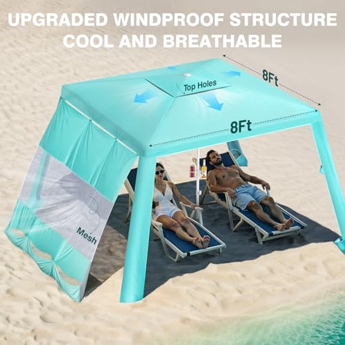 Rhino Valley Beach Cabana, 8 * 8FT Beach Tent UPF50+ Protection, Easy Setup Beach Canopy Wind Resistant with Cup Holder, Compact Beach Shade Foldable Beach Tent Sun Shelter, Turquoise Green - color: Turquoise Green