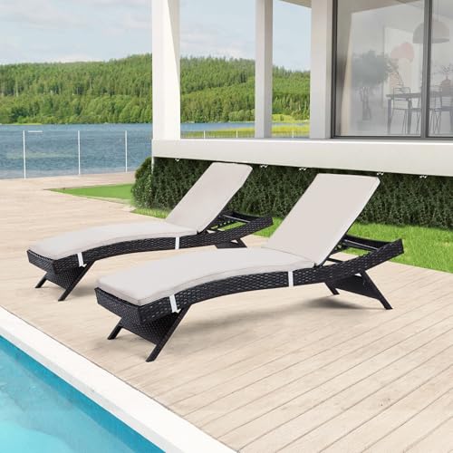 Outdoor Chaise Lounge Chairs Set of 2 with Detachable Cushions, Pool Sunbathing Recliners PE Rattan Patio Loungers Wicker for Outside Porch Backyard Poolside Deck Porch - color: 2 Chairs + 2 Cushions