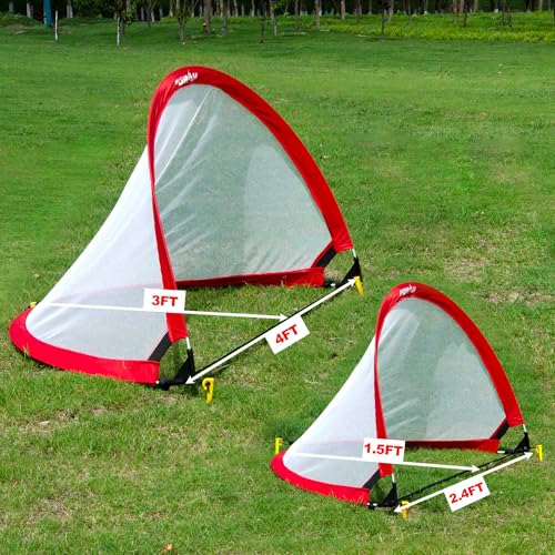 Poray Soccer Goal for Kid Easy-up Set of Two Portable Soccer Net 210D Oxford with 8 Field Marker Cones Extra Stakes Fun for Backyard and Soccer Training - color: Red, size: 2.4ft