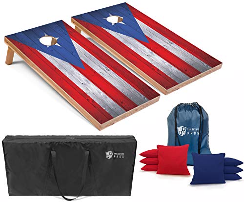 Tailgating Pros Regulation Cornhole Boards Flag Set - Includes 8 Bean Bags, Carrying Cases, and 4'x2' Corn Hole Toss Game w/Ring Light - color: Puerto Rico Flag