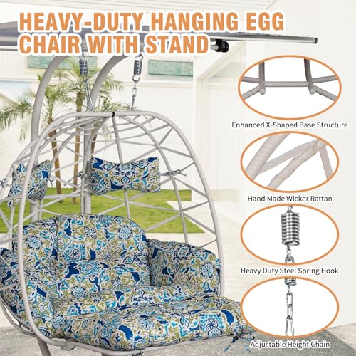 Double Egg Chair Outdoor with Stand & Canopy,Hanging Loveseat Hammock Swing Chair with Leg Rests & UV Resistant Cushion,Patio Swinging Chair,600LBS Capacity for Bedroom Balcony Garden - color: Double Chair & Footrest & Canopy, size: White Frame & Floral C