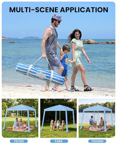 Qipi Beach Cabanas for Sand, Beach Canopy with Sandbags & Side Wall for Family, Easy Set Up Sun Shelter, UPF 50+ UV Protection with Roof Vent - color: 6.5' x 6.5' Blue Stripes Dual-Fold