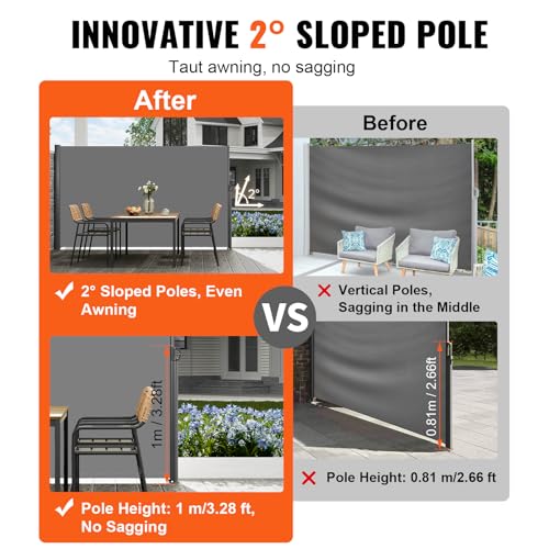 VEVOR Retractable Side Awning, UV 50 71''x118'' Full Aluminum Rust-Proof Outdoor Privacy Screen, 280 g Thicken Folding Room Divider Fence & Wind Screen for Backyard, Balcony, Roof Terraces, Grey - color: Gray, size: 71''*118''
