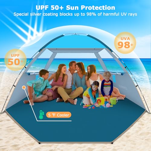 COMMOUDS Beach Tent Sun Shade for 3/4/6/8 Person, UPF 50+ Beach Sun Shelter Canopy Tent, Lightweight, Easy Set Up and Carry - color: Blue, size: 6 Person