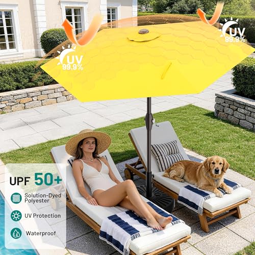 AreShark 7.5FT Patio Umbrella Table Market Umbrella with 6 Sturdy Ribs, Button Tilt/Crank Heavy-Duty Round Outdoor Umbrellas for Garden, Deck, Backyard,and Pool, Yellow - color: Yellow, size: 7.5FT