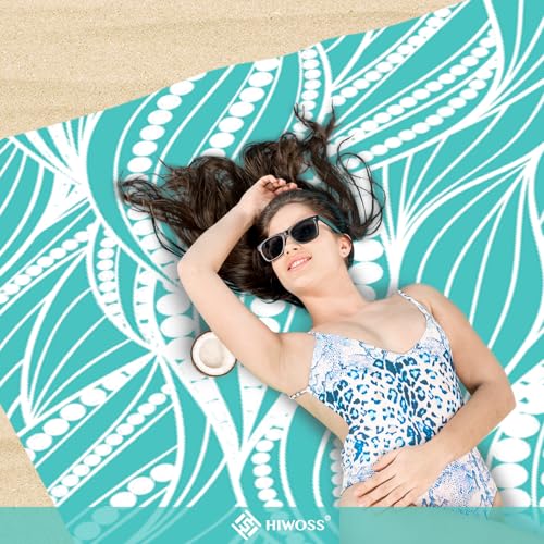 Beach Blanket Waterproof Sandproof Oversized 95”x 80”,Sand Free Beach Mat with Corner Pockets,Portable Mesh Bag (WaveBeaded-Turquoise)