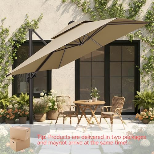 10x10 FT Patio Umbrella with Base, Large Cantilever Double Top Heavy Duty Offset Umbrellas with 360° Rotation, Outdoor shade for Garden Deck Pool, Beige - color: Beige, size: 10x10 FT with Base